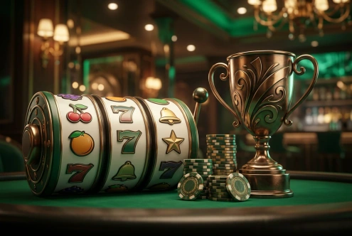 Slotrullar med frukter och sjuor intill en pokal och spelmarker